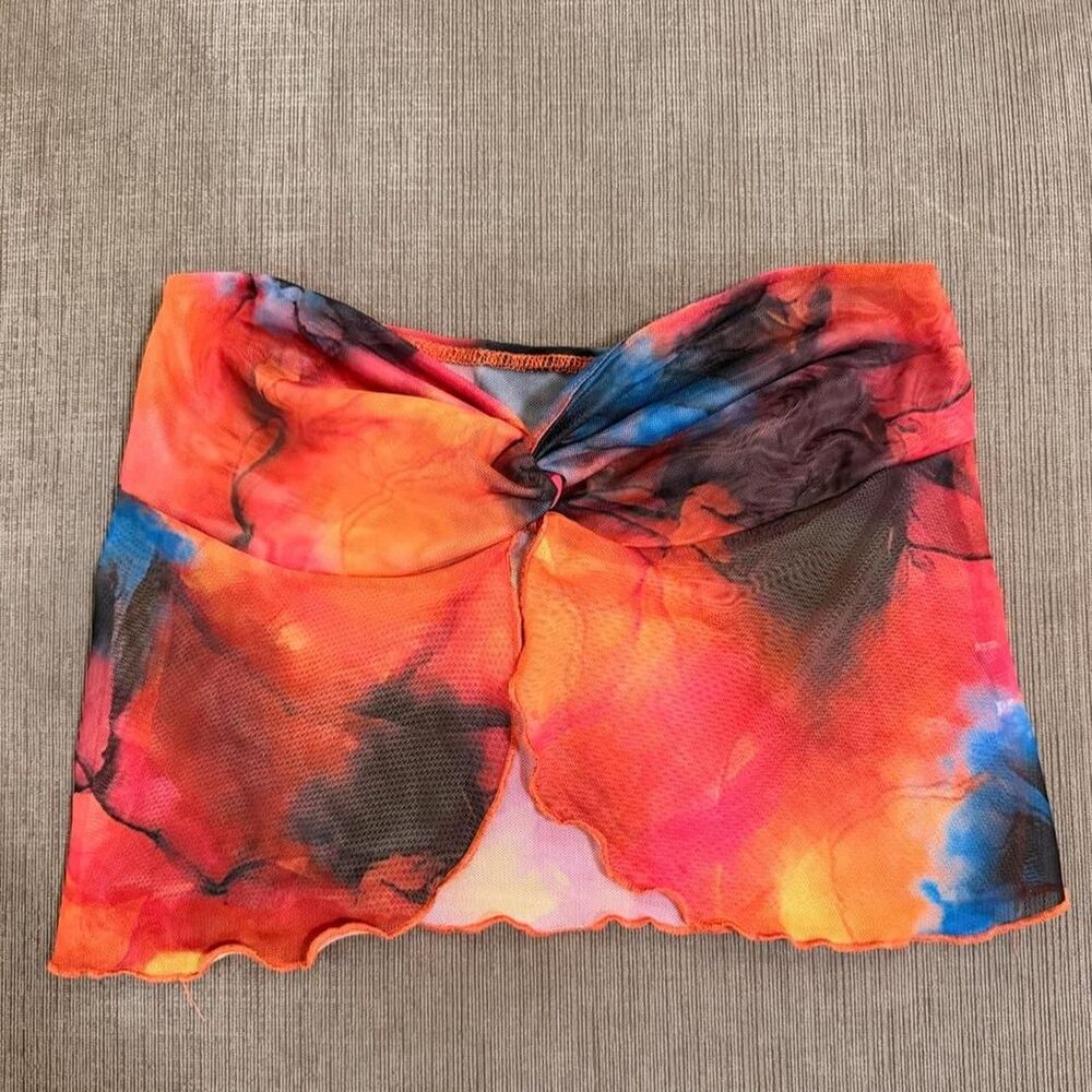 Y2K sunset tie dye mesh knot front flowy crop top